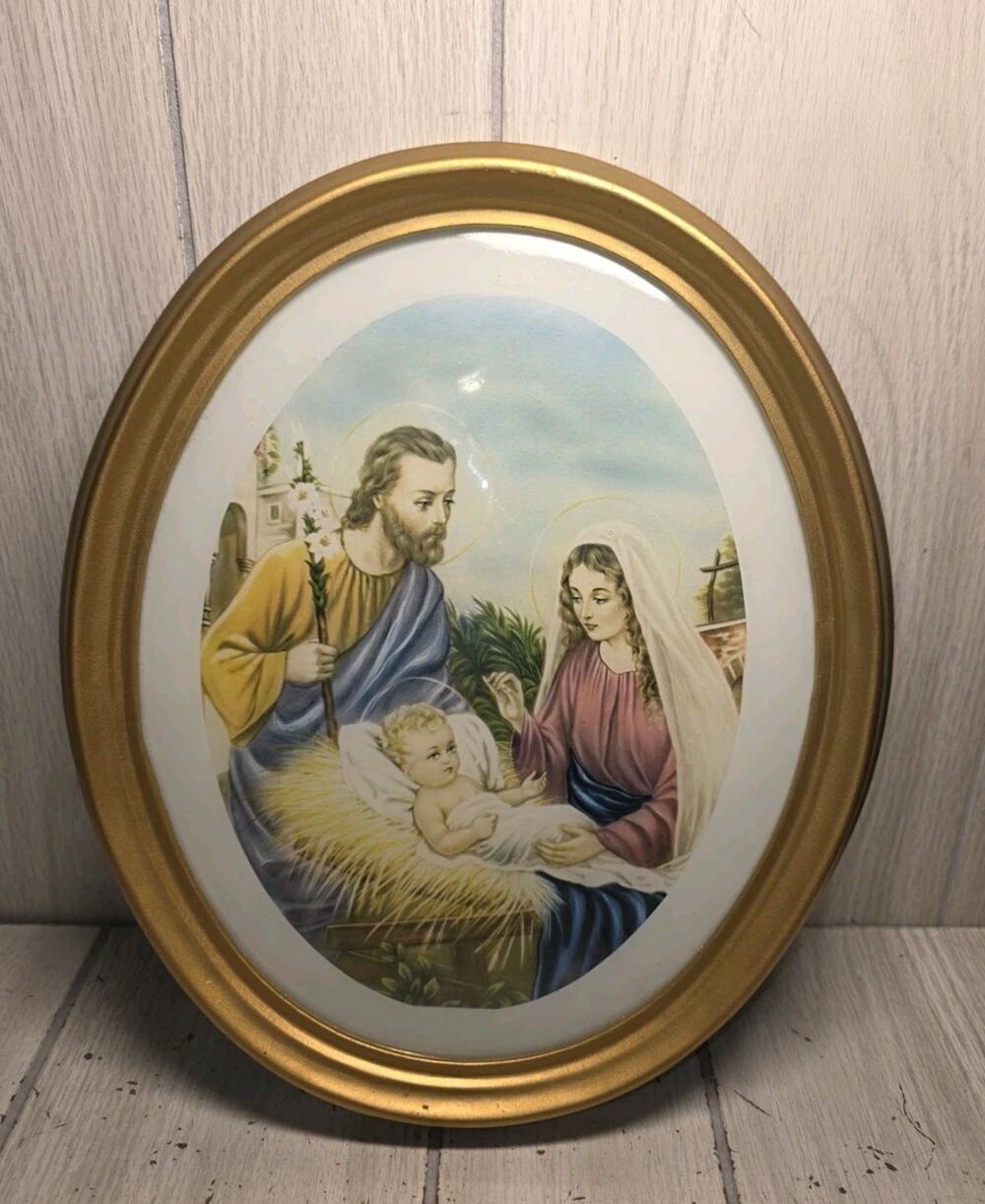 Vtg Oval Gold Framed Holy Family Print Religious Mary Joseph Jesus Nativity